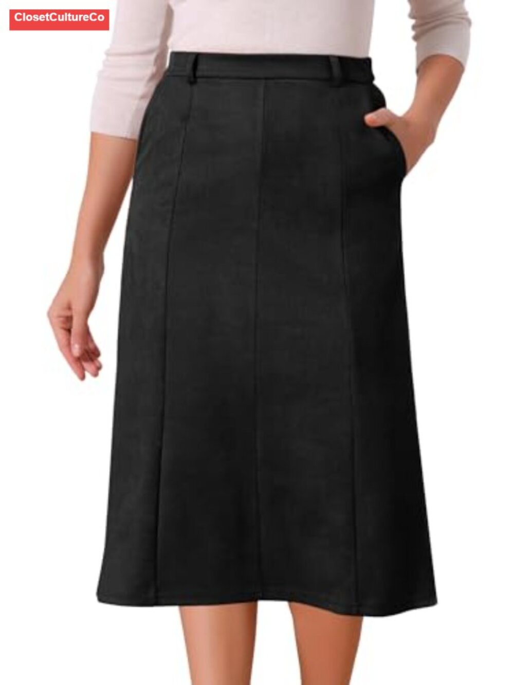 Faux Suede High Waist A-Line Midi Skirt Stretchy Work Fall Winter